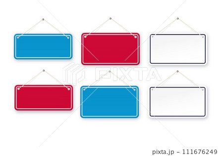 Red and blue shop door signs hanging isolated . Empty or blank sign for store, restaurant or cafe. Vector illustration Red and blue shop door signs hanging isolated . Empty or blank sign for store, restaurant or cafe. Vector illustration 111676249