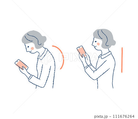 スマホを操作する女性 悪い姿勢と良い姿勢の比較  スマホを操作する女性 悪い姿勢と良い姿勢の比較  111676264