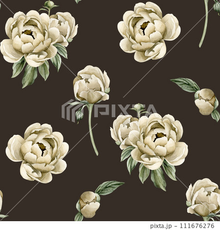 Floral watercolor seamless pattern with beige peony flowers, buds and green leaves on dark background. For use in design, fabric, textile, scrapbooking, wallpaper, wrapping papper, gift boxes, greetin 111676276