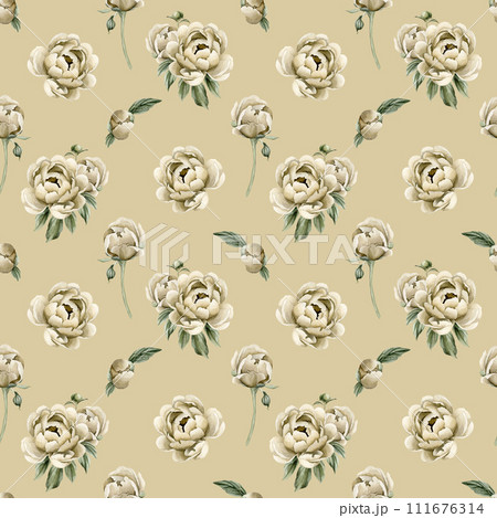 Floral watercolor seamless pattern with beige peony flowers, buds and green leaves on beige background. For use in design, fabric, textile, scrapbooking, wallpaper, wrapping papper, gift boxes, greeti 111676314