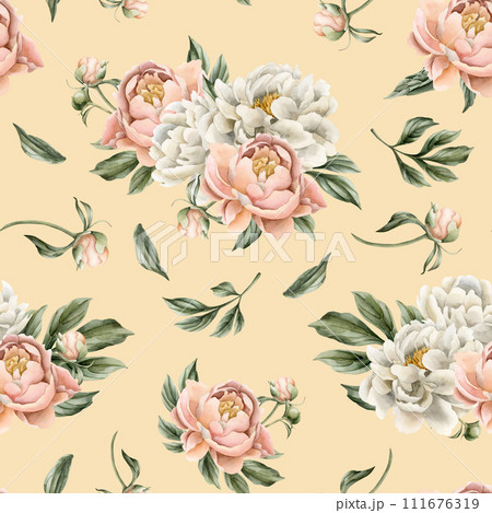 Floral watercolor seamless pattern with white and peach fuzz peony flowers, buds and green leaves on light pink background. For use in design, fabric, textile, scrapbooking, wallpaper, wrapping papper Floral watercolor seamless pattern with white and peach fuzz peony flowers, buds and green leaves on light pink background. For use in design, fabric, textile, scrapbooking, wallpaper, wrapping papper 111676319