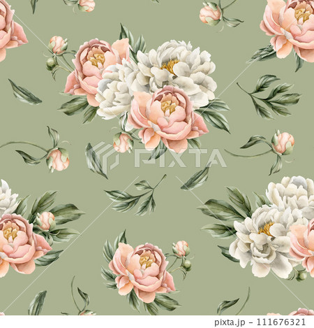 Floral watercolor seamless pattern with white and peach fuzz peony flowers, buds and green leaves on grey green background. For use in design, fabric, textile, scrapbooking, wallpaper, wrapping papper Floral watercolor seamless pattern with white and peach fuzz peony flowers, buds and green leaves on grey green background. For use in design, fabric, textile, scrapbooking, wallpaper, wrapping papper 111676321