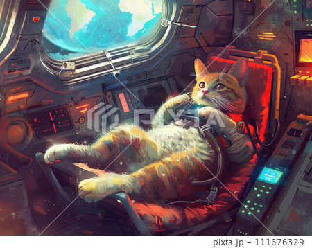 Astronaut Cat in Zero G Detailed drawing of a cat floating in a spaceship cabin chasing space mice 111676329