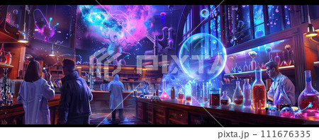 Groovy Science Lab Party Scientists and capybaras mixing chemicals with disco lights projecting a hopeful future 111676335