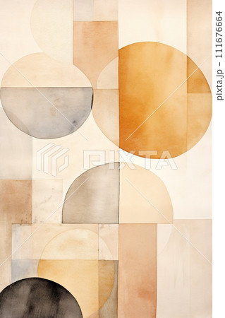 Elegant watercolor composition blending Nordic minimalism with geometric and organic shapes in a soothing palette of neutral and earth tones, ideal for modern decor and calming spaces. Generative AI. 111676664
