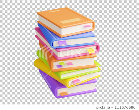Tower stack of paper books with hard cover and bookmarks in 3d render illustration. Colorful pastel color pile of textbooks for reading and education concept. Stacked literature for library and store. Tower stack of paper books with hard cover and bookmarks in 3d render illustration. Colorful pastel color pile of textbooks for reading and education concept. Stacked literature for library and store. 111676696
