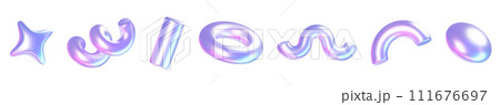 Holographic abstract simple shape design elements. 3d render illustration set of geometric metal graphic objects of different basic forms with holography effect. Geometric chrome shiny glossy objects. 111676697