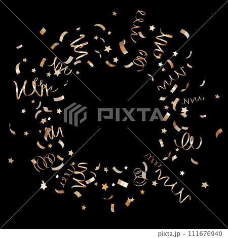 Circle of golden confetti isolated on black background. Shiny particles, close up. Party, Merry Christmas, New year, Birthday decoration. Cut out. Perfect for celebrations, invitations. Copy space. 3D 111676940
