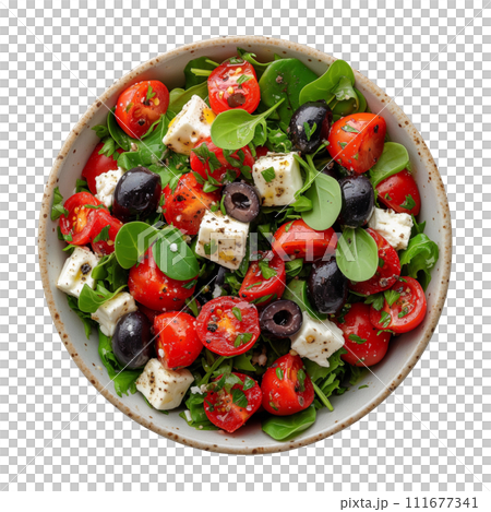 Greek salad with fresh vegetables isolated, top view. Greek salad with fresh vegetables isolated, top view. 111677341