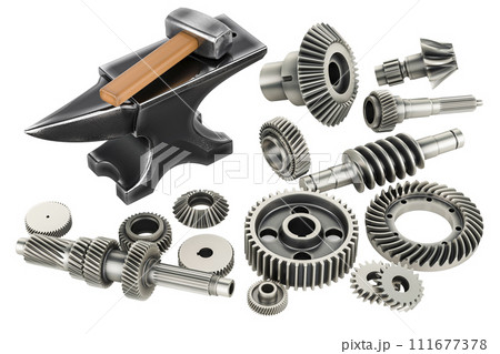Cast Iron Anvil with Forging Hammer and steel gearwheels, 3D rendering Cast Iron Anvil with Forging Hammer and steel gearwheels, 3D rendering 111677378