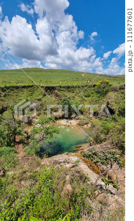 beautiful turquoise waterfall pool in Serra da Canastra, Minas Gerais, Brazil 111677601