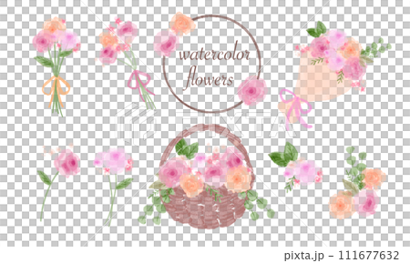 水彩風な可愛いバラの花束セット(ピンク) 111677632