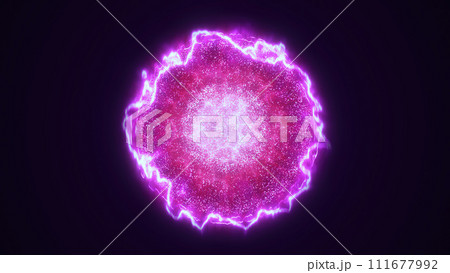 Purple energy magic sphere round hi-tech light digital ball space planet star made of futuristic light rays lines and energy particles. Abstract background 111677992