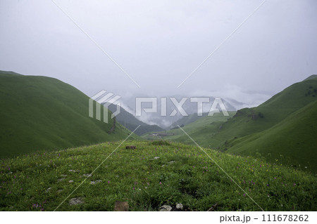 Landscape high mountains in dense fog tops of mountains in clouds North Caucasus Elbrus 111678262
