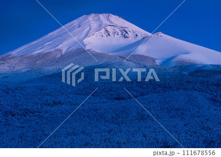 黎明の腰切塚展望台から見る樹氷と富士山 111678556