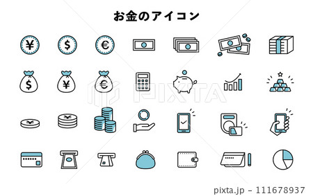 お金　アイコン　イラスト　素材　セット　キャッシュレス　スマホ　コイン　紙幣　金塊　ATM　資産 111678937