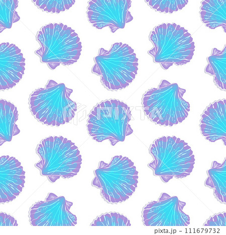 Colorful blue violet pattern of seashells on seamless white background. Colorful blue violet pattern of seashells on seamless white background. 111679732