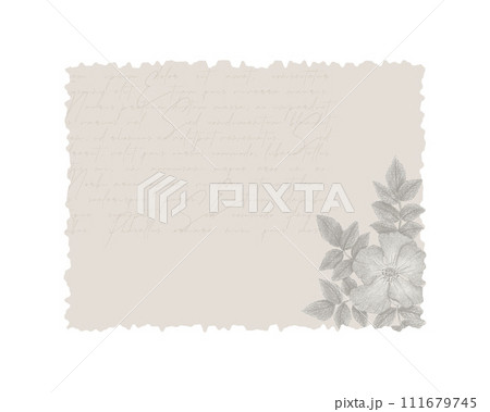 Digital scrapbooking element antique vintage letter Lorem ipsum with torn edges, rosehip flower print and Lorem imsum text, for vintage collage design. Digital scrapbooking element antique vintage letter Lorem ipsum with torn edges, rosehip flower print and Lorem imsum text, for vintage collage design. 111679745