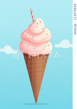 AI-generated content. Sweet Summer Delights: A Whimsical Illustration of Delicious Ice Cream Cones, Creamy and Tasty, with Cold Vanilla and Chocolate Flavors, on a Pink Wafer Cone Background. 111679816