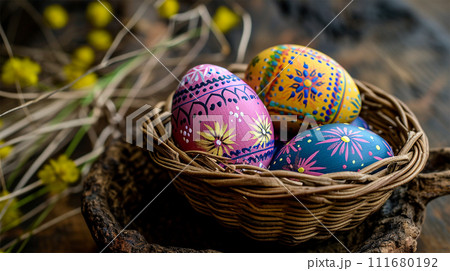 AI-generated content. Decorative Easter Eggs in Basket AI-generated content. Decorative Easter Eggs in Basket 111680192