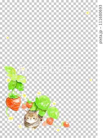 生い茂るイチゴの下から顔を覗かせるキジトラ猫の手描き水彩イラスト 罫線入り便箋 生い茂るイチゴの下から顔を覗かせるキジトラ猫の手描き水彩イラスト 罫線入り便箋 111680693