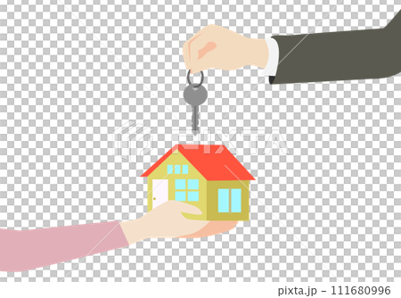 Hand of a businessman handing the house key to a woman 111680996