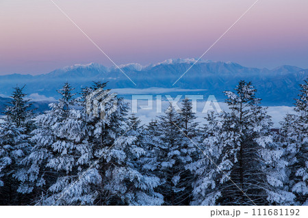 雪の美ヶ原から夜明けの中央アルプス 111681192