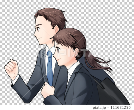 Young man and woman in suits running, upper body sideways, white background 111681250