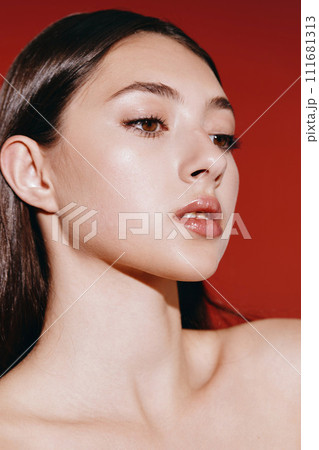Beauty in Closeup: A Young Woman's Glamorous Portrait with Elegant Style and Perfect Makeup in Black and White 111681313