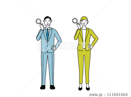 虫メガネをのぞくスーツ姿の男性と女性（シニア、経営者、管理職）のシンプルな線画イラスト 111681868