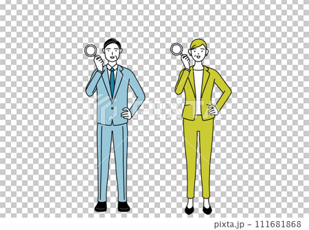 虫メガネをのぞくスーツ姿の男性と女性（シニア、経営者、管理職）のシンプルな線画イラスト 111681868