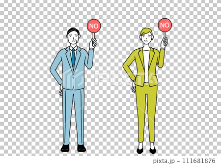 不正解を示すバツの棒を持つスーツ姿の男性と女性（シニア、経営者、管理職）のシンプルな線画イラスト 111681876