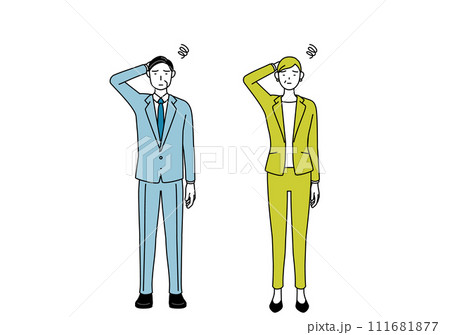 困って頭をかくスーツ姿の男性と女性(シニア、経営者、管理職)のシンプルな線画イラスト 困って頭をかくスーツ姿の男性と女性(シニア、経営者、管理職)のシンプルな線画イラスト 111681877