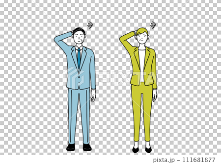困って頭をかくスーツ姿の男性と女性(シニア、経営者、管理職)のシンプルな線画イラスト 困って頭をかくスーツ姿の男性と女性(シニア、経営者、管理職)のシンプルな線画イラスト 111681877