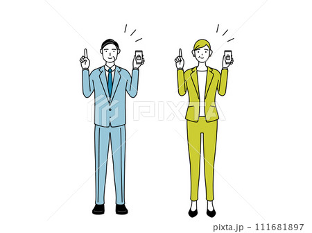 スマホのセキュリティ対策をするスーツ姿の男性と女性（シニア、経営者、管理職）のシンプルな線画イラスト 111681897