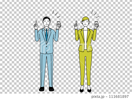 スマホのセキュリティ対策をするスーツ姿の男性と女性（シニア、経営者、管理職）のシンプルな線画イラスト 111681897
