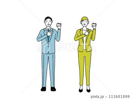 クレジット決済を勧めるスーツ姿の男性と女性(シニア、経営者、管理職)のシンプルな線画イラスト クレジット決済を勧めるスーツ姿の男性と女性(シニア、経営者、管理職)のシンプルな線画イラスト 111681899