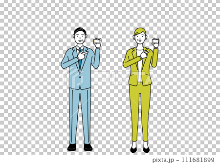クレジット決済を勧めるスーツ姿の男性と女性(シニア、経営者、管理職)のシンプルな線画イラスト クレジット決済を勧めるスーツ姿の男性と女性(シニア、経営者、管理職)のシンプルな線画イラスト 111681899