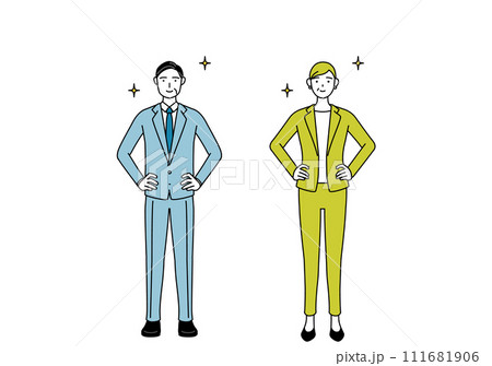 両手を腰に当てたスーツ姿の男性と女性(シニア、経営者、管理職)のシンプルな線画イラスト 両手を腰に当てたスーツ姿の男性と女性(シニア、経営者、管理職)のシンプルな線画イラスト 111681906
