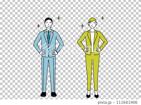 両手を腰に当てたスーツ姿の男性と女性(シニア、経営者、管理職)のシンプルな線画イラスト 両手を腰に当てたスーツ姿の男性と女性(シニア、経営者、管理職)のシンプルな線画イラスト 111681906