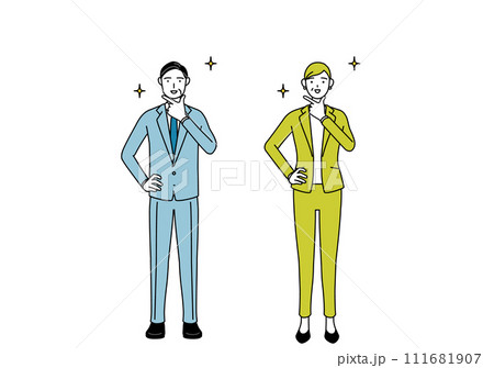自信家のポーズを取るスーツ姿の男性と女性(シニア、経営者、管理職)のシンプルな線画イラスト 自信家のポーズを取るスーツ姿の男性と女性(シニア、経営者、管理職)のシンプルな線画イラスト 111681907