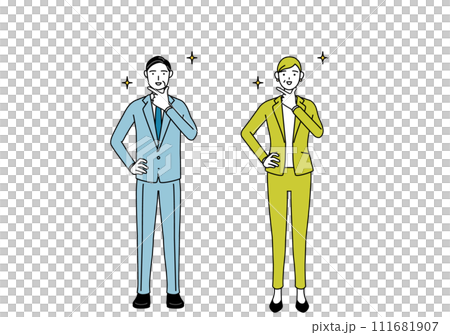 自信家のポーズを取るスーツ姿の男性と女性(シニア、経営者、管理職)のシンプルな線画イラスト 自信家のポーズを取るスーツ姿の男性と女性(シニア、経営者、管理職)のシンプルな線画イラスト 111681907