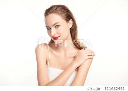 Beautiful young woman with clean fresh skin on white background, Face care, Facial treatment, Cosmetology, beauty and spa, women portrait. Beautiful young woman with clean fresh skin on white background, Face care, Facial treatment, Cosmetology, beauty and spa, women portrait. 111682421