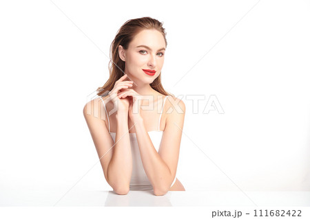 Beautiful young woman with clean fresh skin on white background, Face care, Facial treatment, Cosmetology, beauty and spa, women portrait. 111682422