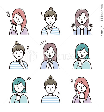 いろいろな表情の女性のベクターイラスト 111682760