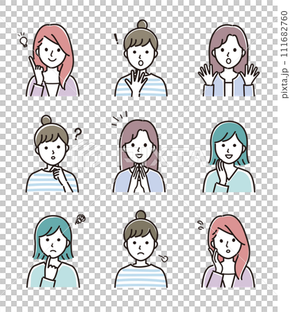 いろいろな表情の女性のベクターイラスト 111682760