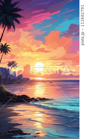 美しい海岸の夕焼けの風景のイラスト素材 [111682791] - PIXTA