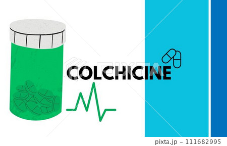 Colchicine tablet close up of medication used to treat gout and Behcet disease, pericarditis, familial mediterranean fever 111682995
