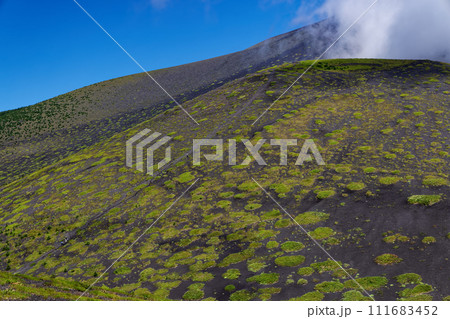 二ツ塚・下塚からみる上塚を登る登山者と雲湧く富士山稜線 二ツ塚・下塚からみる上塚を登る登山者と雲湧く富士山稜線 111683452