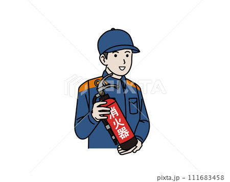 消火器について説明する消防士のイラスト 消火器について説明する消防士のイラスト 111683458